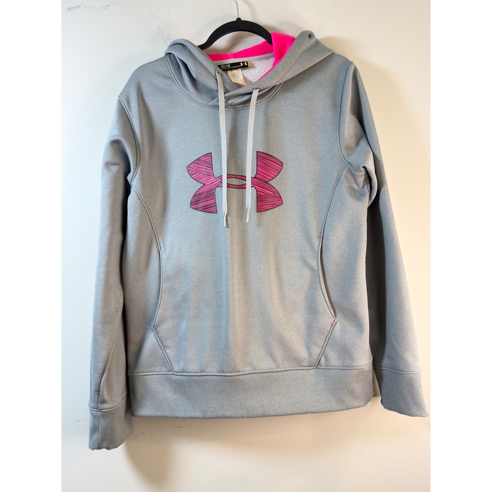 Under Armour Hoodie Gray Pink Logo Semi-Fitted Pullover Womens Medium